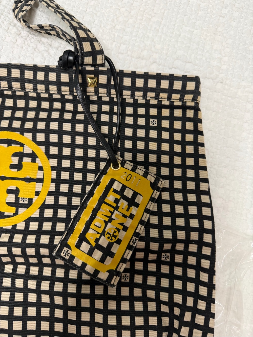 Tory Burch Black and Beige Grid Canvas Tote with Yellow Logo Tag - Picture 3 of 6
